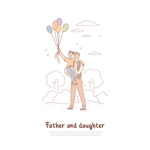 Baba günü kutlaması, parkta balonlu baba ve kızı, aile tatili, baba-kız eğlence afişi - Vektör, Görsel