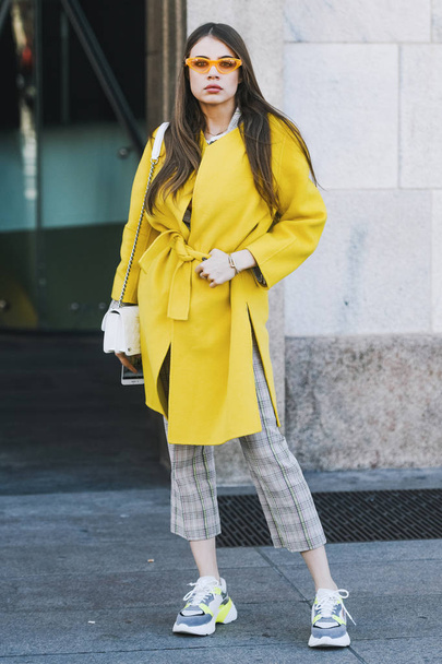 Milan, Italy - February 24, 2019: Street style outfit before a fashion show during Milan Fashion Week - MFWFW19 - Fotó, kép