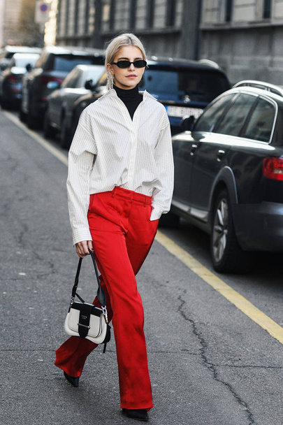 Milan, Italy - February 22, 2019: Street style - Influencer Caroline Daur after a fashion show during Milan Fashion Week - MFWFW19 - Zdjęcie, obraz