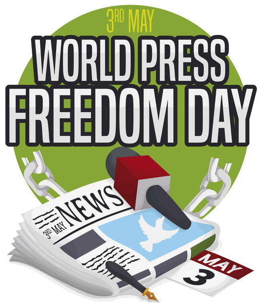 Periódico, Micrófono, Pluma, Calendario y Cadenas para el Día de la Libertad de Prensa, Ilustración Vectorial
 - Vector, Imagen