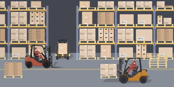 Warehouse scene. Storehouse and forklifts. Racks with boxes and containers. Logistic process. Industrial view - Vector, Image