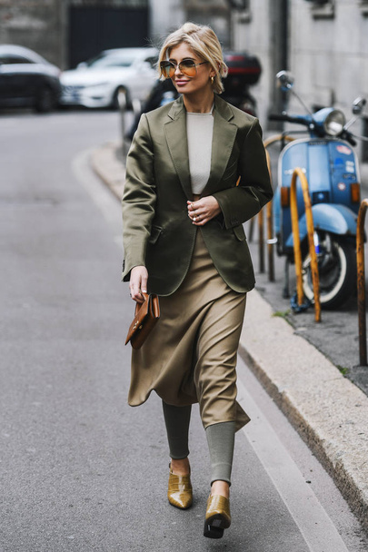 Milan, Italy - February 23, 2019: Street style Influencer Xenia Adonts before a fashion show during Milan Fashion Week - MFWFW19 - Zdjęcie, obraz