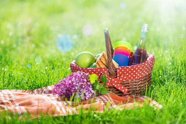 cesta de picnic y manta al aire libre
 - Foto, Imagen