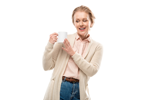 smiling middle aged woman with coffee cup Isolated On White - Photo, image