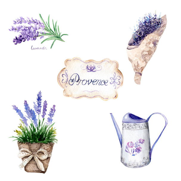 Aquarel tekeningen in Provençaalse stijl. set: boeket, kruik, vaas, lavendel - Foto, afbeelding