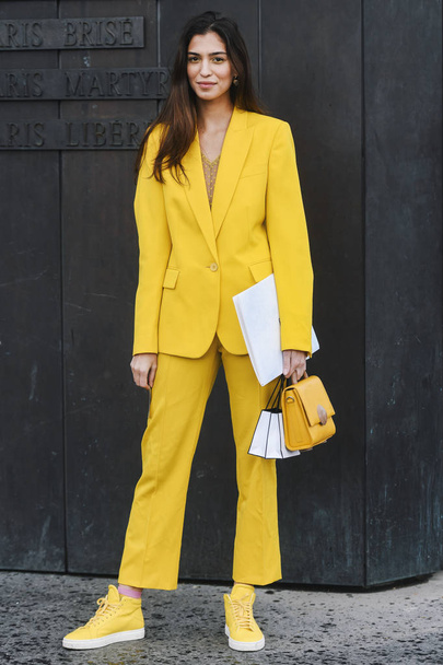 Paris, France - March 05, 2019: Street style outfit -   after a fashion show during Paris Fashion Week - PFWFW19 - 写真・画像