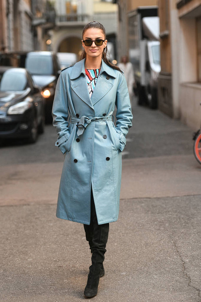 Milan, Italy - February 21, 2019: Street style Outfit after a fashion show during Milan Fashion Week - MFWFW19 - 写真・画像