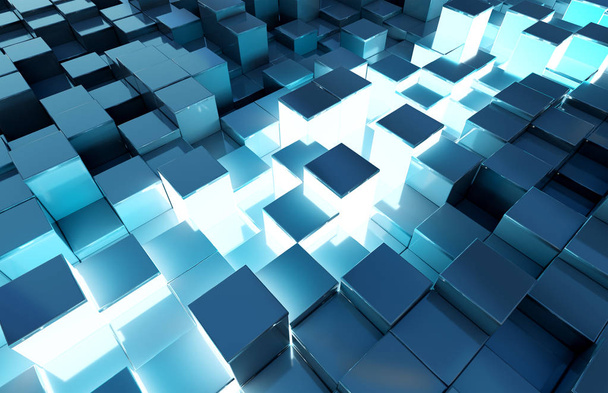 Glowing black and blue squares background pattern 3D rendering - Photo, Image