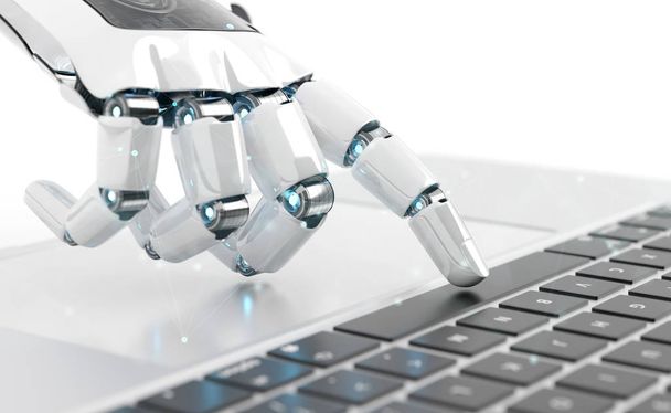White robot cyborg hand pressing a keyboard on a laptop 3D rende - Foto, Bild