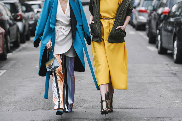 Paris, France - March 02, 2019: Street style outfit Landiana Cerciu, Julie Ianc after a fashion show during Paris Fashion Week - PFWFW19 - Foto, Imagem