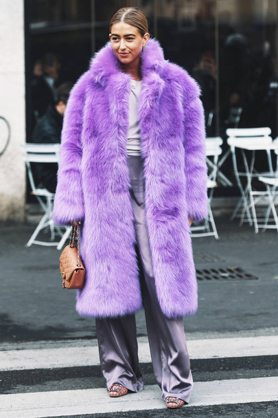 Milan, Italy - February 21, 2019: Street style outfit after a fashion show during Milan Fashion Week - MFWFW19 - Fotoğraf, Görsel