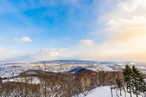 北海道札幌市で日没時に冬の季節は雪に木の周りの山と美しい風景 - 写真・画像