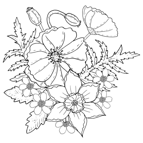 Floral template with Poppy and narcissus. - Vector, Imagen