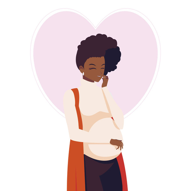 όμορφη άφρο γυναίκα εγκυμοσύνη στον καρδιακό χαρακτήρα - Διάνυσμα, εικόνα