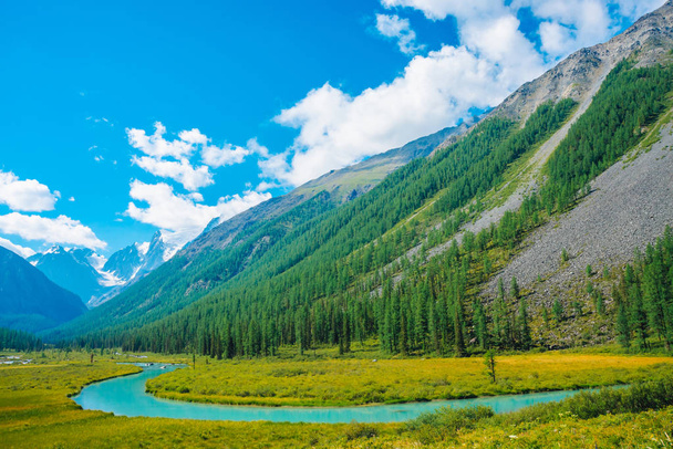 Serpentine river in valley before beautiful glacier. Snowy rocks behind mountains with conifer forest. Huge clouds on giant snowy mountain top under blue sky. Atmospheric landscape of highland nature. - Photo, image