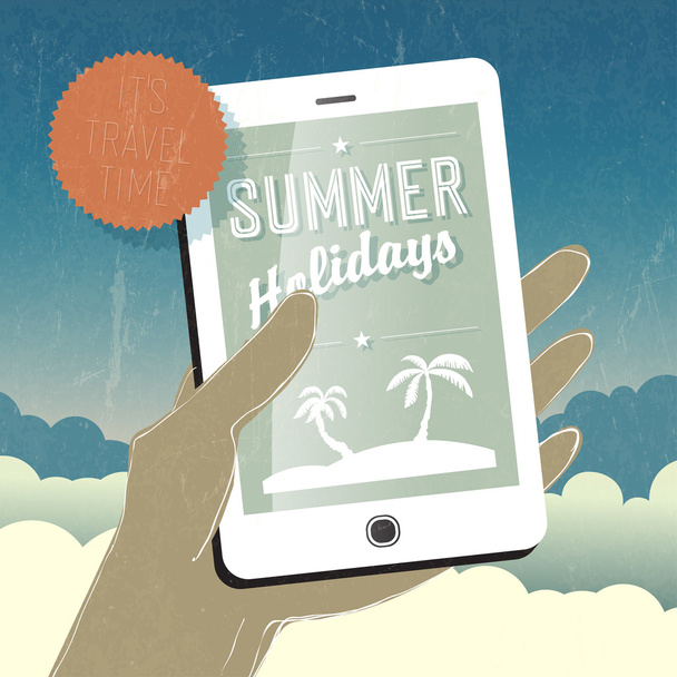 Summer holidays conceptual illustration. Smart phone in hand. Ve - Vetor, Imagem