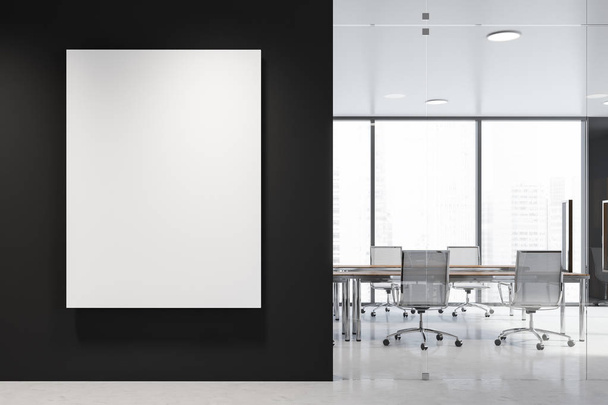 Black panoramic meeting room interior with poster - Zdjęcie, obraz
