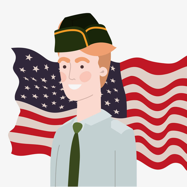homem militar com acenando bandeira dos EUA
 - Vetor, Imagem