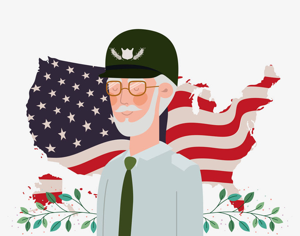 memorial day card with veteran and usa flag in map - Vector, Image