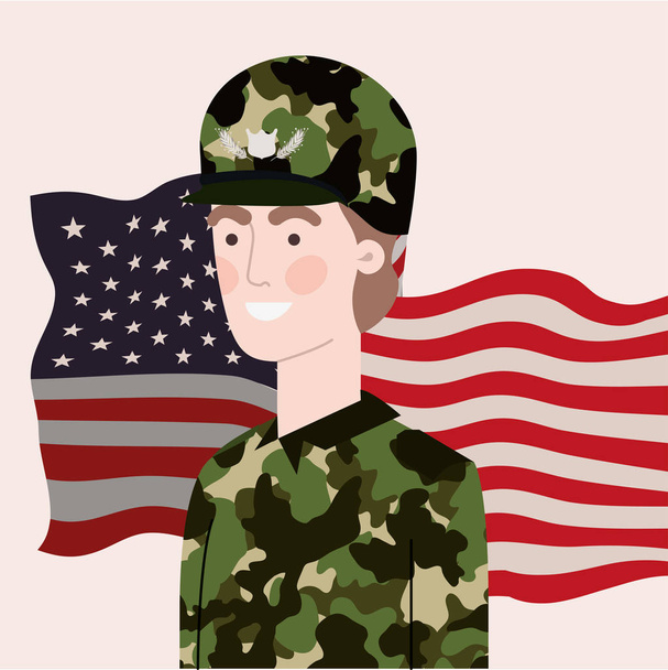 military man with waving usa flag - Vector, Image