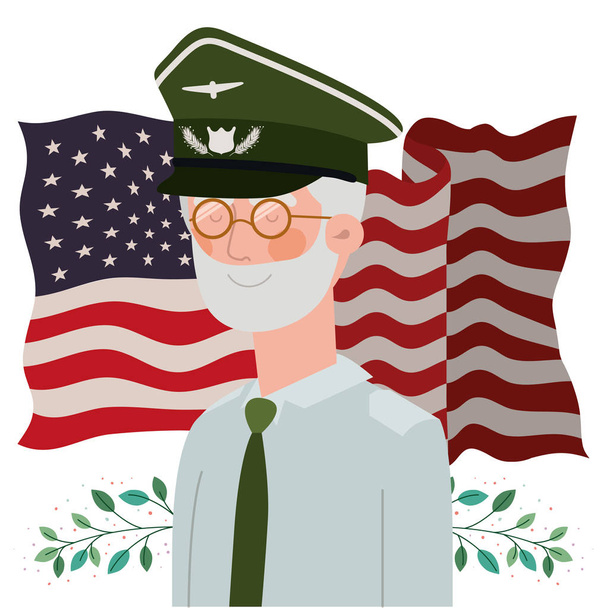 memorial day card with veteran and usa flag - Vector, Image