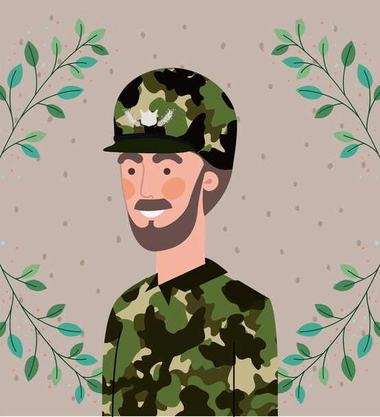 葉の花輪フレームを持つ軍人 - ベクター画像