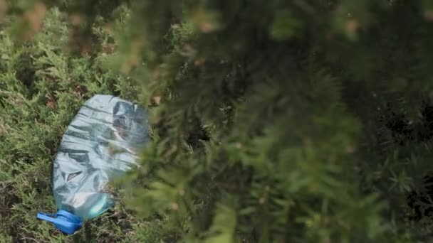 Niebieska duża plastikowa butelka leżąca na ziemi w drzewie w parku leśnym-wyrzucona z recyklingu-Śmietnik i zanieczyszczenie miasta i przyrody-zbutwiałe śmieci - Materiał filmowy, wideo