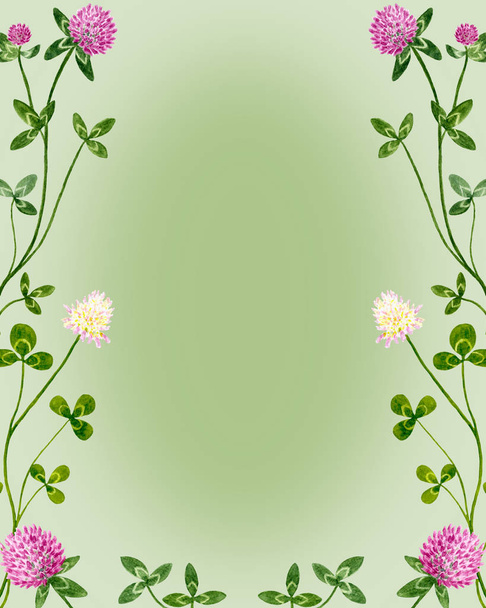 Watercolor clover flowers and leaves frame. - Foto, afbeelding