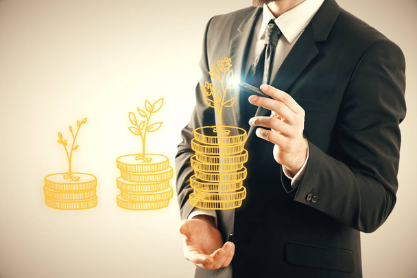 Double exposure with growth coins columns and man hand. Concept of success savings and capital. - Photo, Image