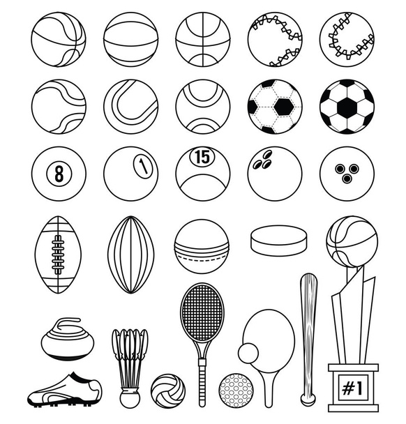 Sports balls equipment collection black and white - Vector, Image