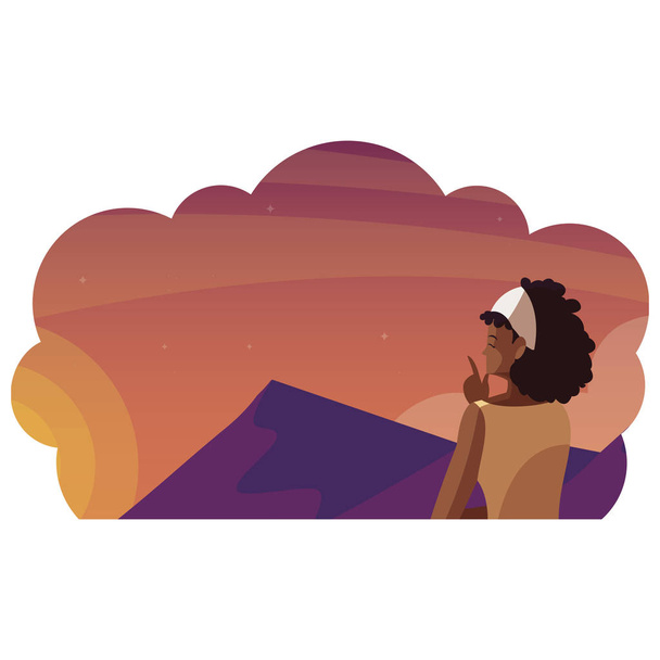 Afro vrouw overweegt horizon in meer en bergen scène - Vector, afbeelding