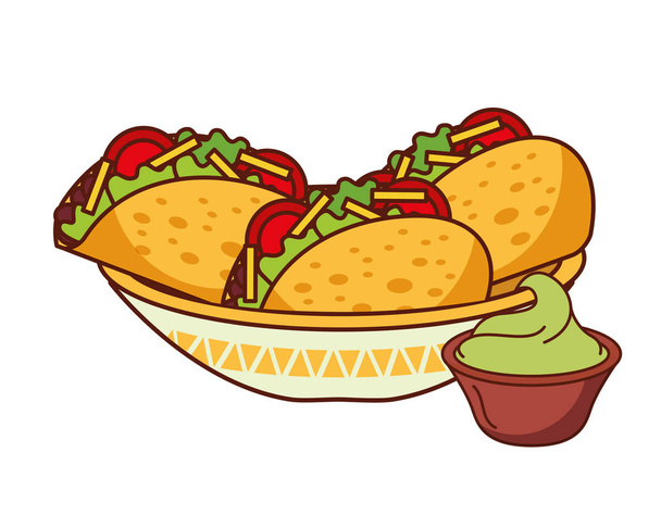 tři Taco v misce guacamole mexické jídlo tradiční - Vektor, obrázek