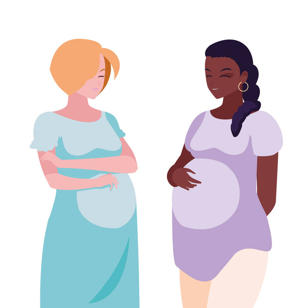 pareja interracial de mujeres embarazadas personajes
 - Vector, imagen