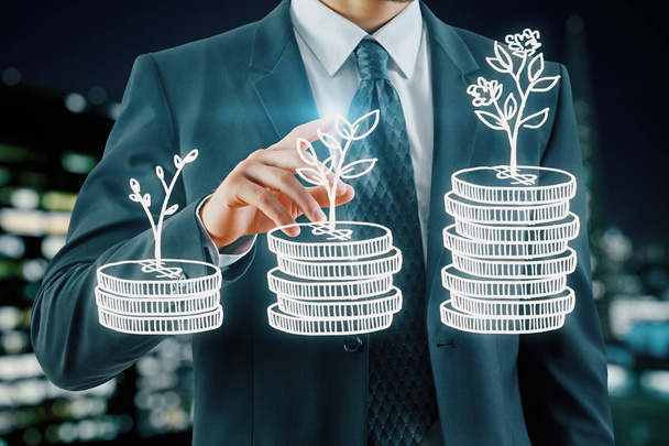 Double exposure with growth coins columns and man hand. Concept of success savings and capital. - Photo, Image