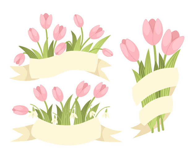 Tavaszi dekoratív csokor rózsaszín tulipán és galantus bézs szalaggal. Tavaszi virág ikonkészlet. Lapos vektoros illusztráció izolált fehér háttér - Vektor, kép