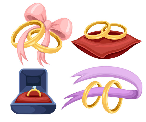 Złote pierścienie wesela na czerwonej aksamitnej poduszce, fioletowej wstążki. Zestaw złotej biżuterii. Płaska ilustracja wektorowa na białym tle - Wektor, obraz