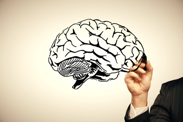 Doppelbelichtung menschlicher Gehirnskizze und Menschenhand. Brainstorming-Konzept. - Foto, Bild