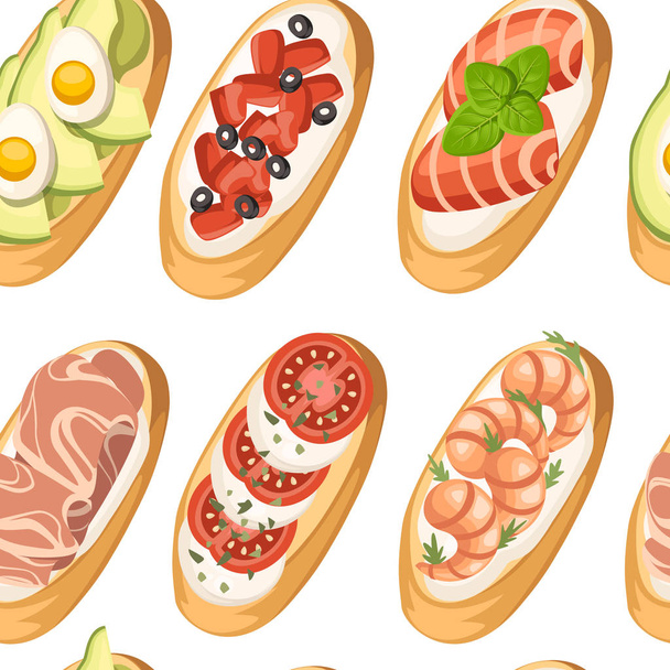 Seamless pattern. Set of Bruschetta with different ingredients - salmon, tomatoes, shrimps, meat, parmesan. Classic Italian food, delicious appetizer. Flat vector illustration on white background - Vector, Image