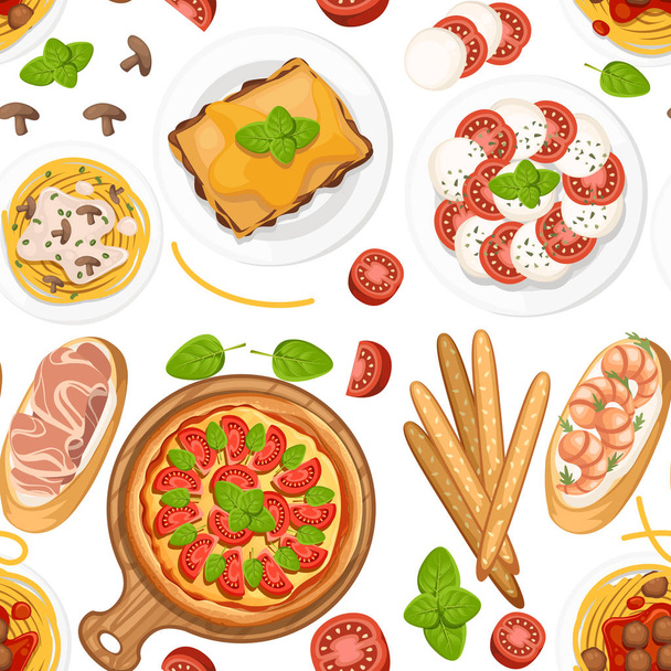 シームレスなパターン。イタリア料理ピザ、スパゲッティ、リゾット、ブルスケッタ、グリッシニ。プレートと木製の板の上に古典的なイタリア料理。白い背景のフラットベクトルイラストレーション - ベクター画像