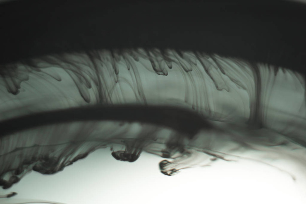 eine Wolke Tinte in einem transparenten Glasbecher mit klarem Wasser inmitten von Lichtstrahlen. Vorlage, Layout, Hintergrund, Textur. Makrodiffusion Schwarz-Weiß-Abstraktion - Foto, Bild