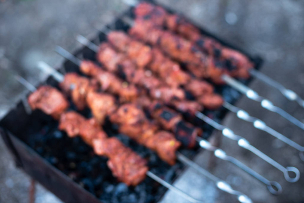 roasted meat, skewers with onions on skewers on the grill - Photo, Image