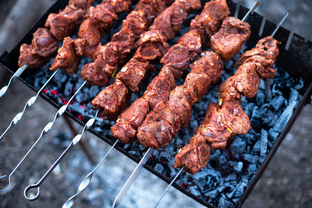 roasted meat, skewers with onions on skewers on the grill - Photo, Image
