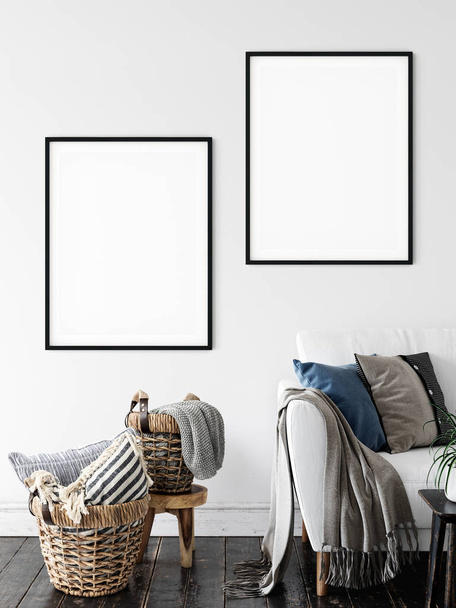 Frame & Poster mock up na sala de estar. Interior escandinavo. renderização 3d, ilustração 3d - Foto, Imagem