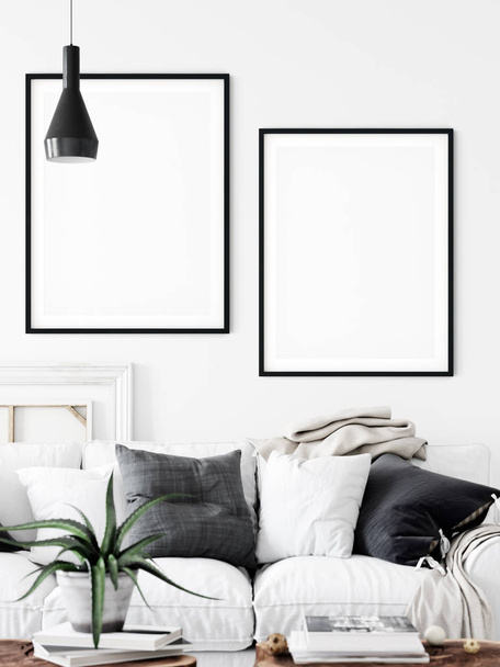Frame & Poster mock up in living room. Scandinavian interior. 3d rendering, 3d illustration - Fotografie, Obrázek