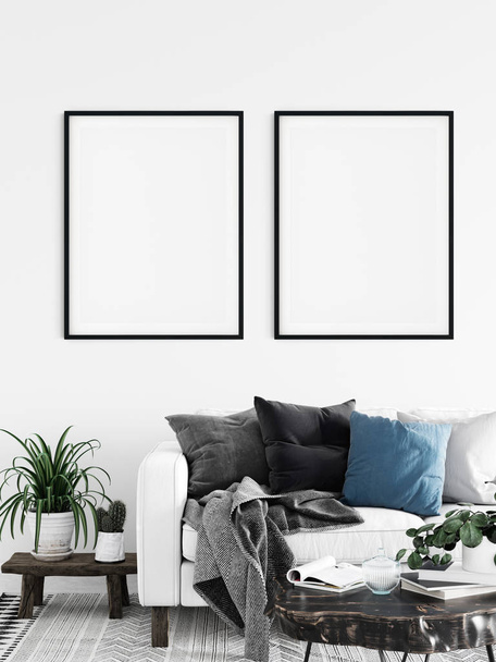 Frame & Plakát se modelují v obýváku. Skandinávský interiér. 3D vykreslování, 3D ilustrace - Fotografie, Obrázek