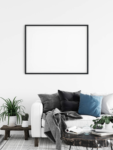 Frame & Poster mock up in living room. Scandinavian interior. 3d rendering, 3d illustration - Photo, Image