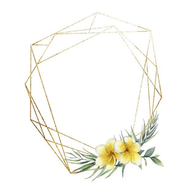 Akvarell poligal arany keret egy csokor Plumeria. Kézzel rajzolt virágos címke izolált fehér alapon. Botanikai illusztráció. Tervezési üdvözlősablon. - Fotó, kép