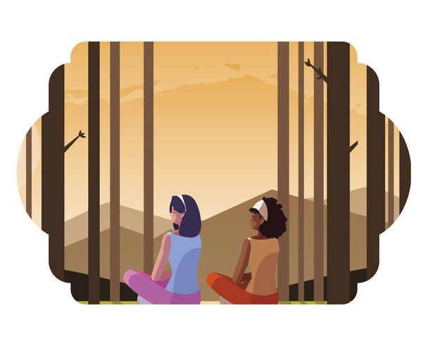 women couple contemplating horizon in the forest scene - Vektör, Görsel