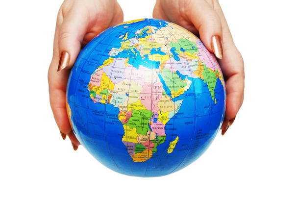 Two hands holding a globe isolated on wh - Photo, Image