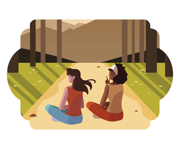 women couple contemplating horizon in the forest scene - Vector, Image